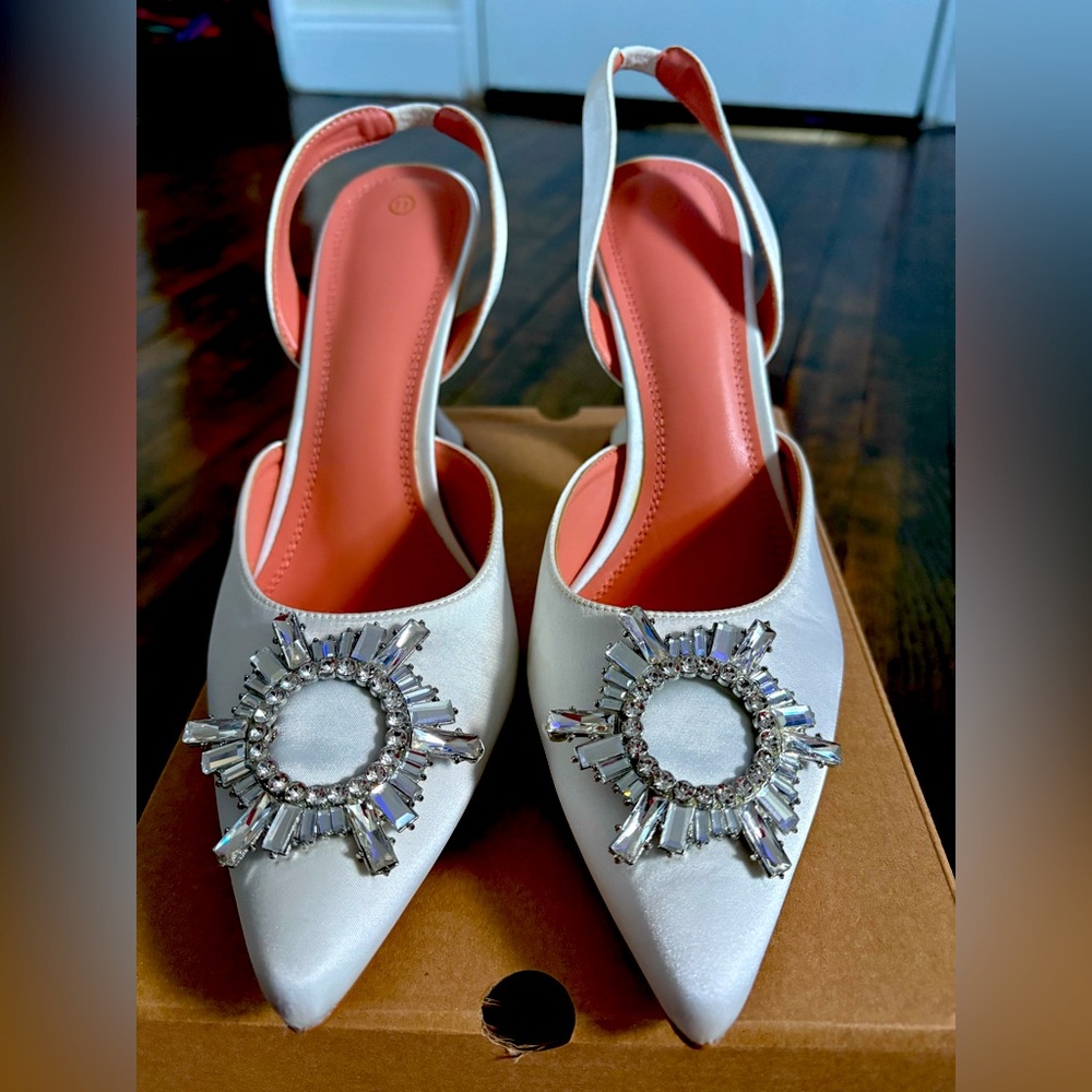 Elegant White Slingback Heels with Crystal Embellishments